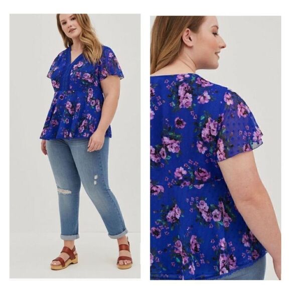 Torrid floral peplum chiffon clip docked lace inset blouse M - Picture 1 of 9